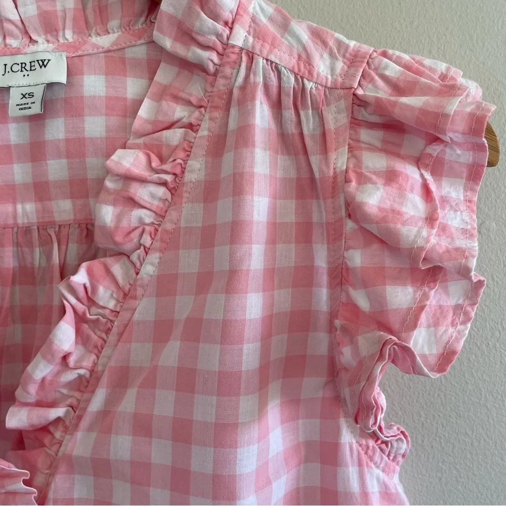J. Crew Factory Women's Pink Gingham Sleeveless Ruffle Blouse Size XS - Picture 3 of 8
